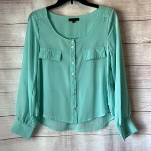 Pearl Teal Button Up Blouse Sheer with Long Sleeves Scoop Neckline Size M